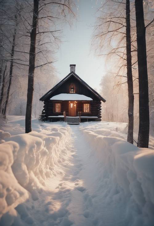 A snowy path leading to a warmly lit wooden cabin with smoke gently rising from the chimney.