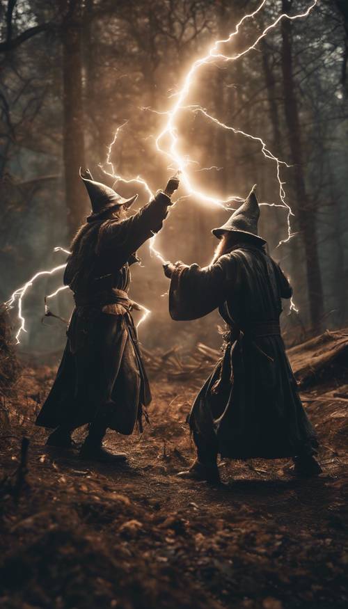这是一场史诗般的战斗场景，两个巫师在黑暗神秘的森林里互相投掷闪电。