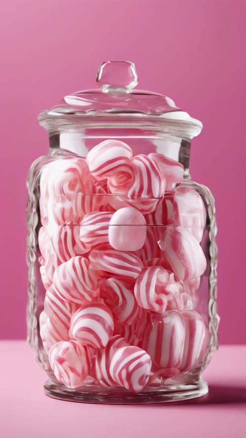 Un gruppo di caramelle di gelatina a strisce rosa e bianche in un barattolo di cristallo.