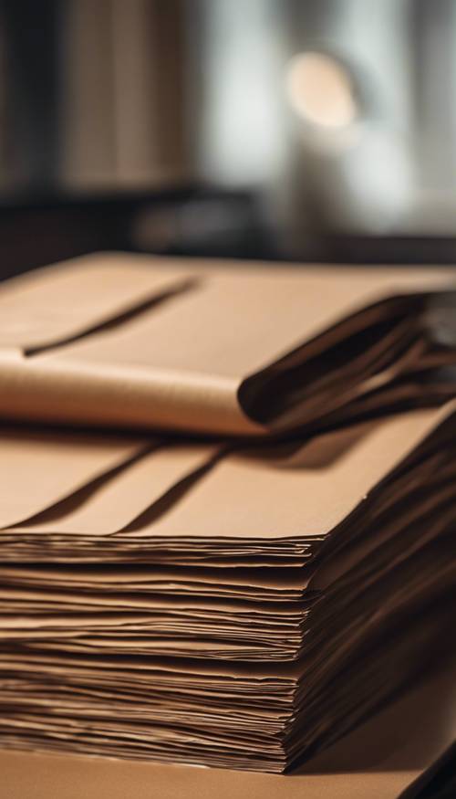 ערימה של גיליונות נייר חומים חלקים מונחים בצורה מסודרת על שולחן.