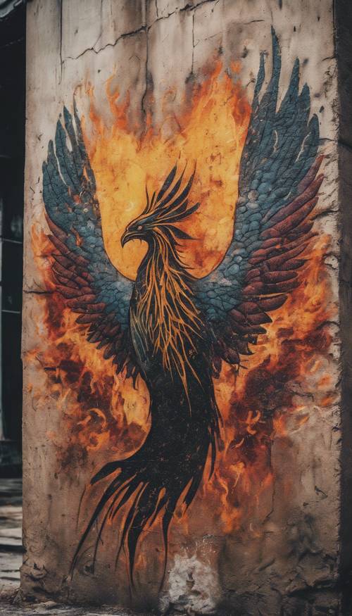 Grafiti jalanan berupa burung phoenix yang bangkit dari abu pada tembok pedesaan.