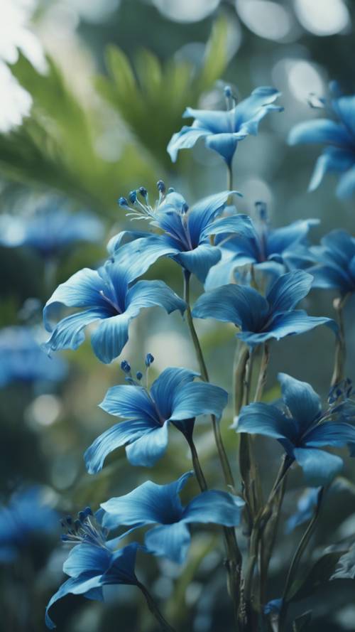 الزهور الاستوائية الزرقاء تتمايل بلطف في نسيم خفيف