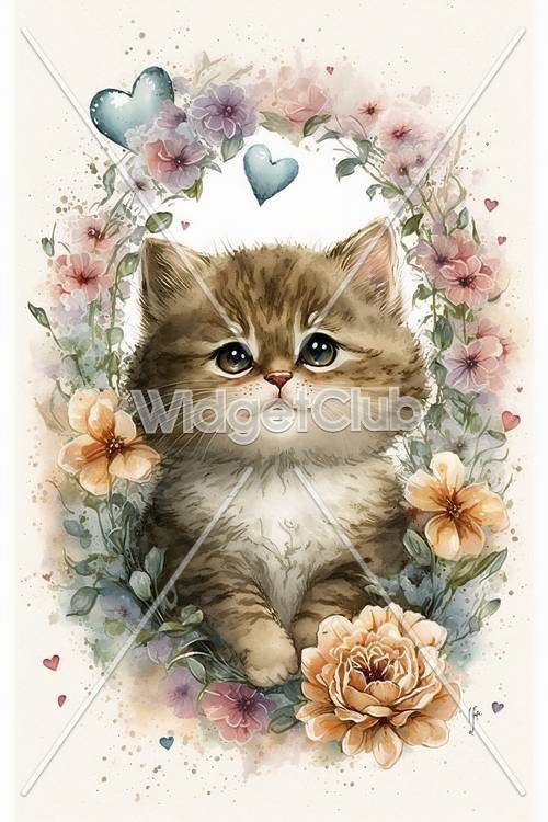 Cute Kitten Surrounded by Flowers