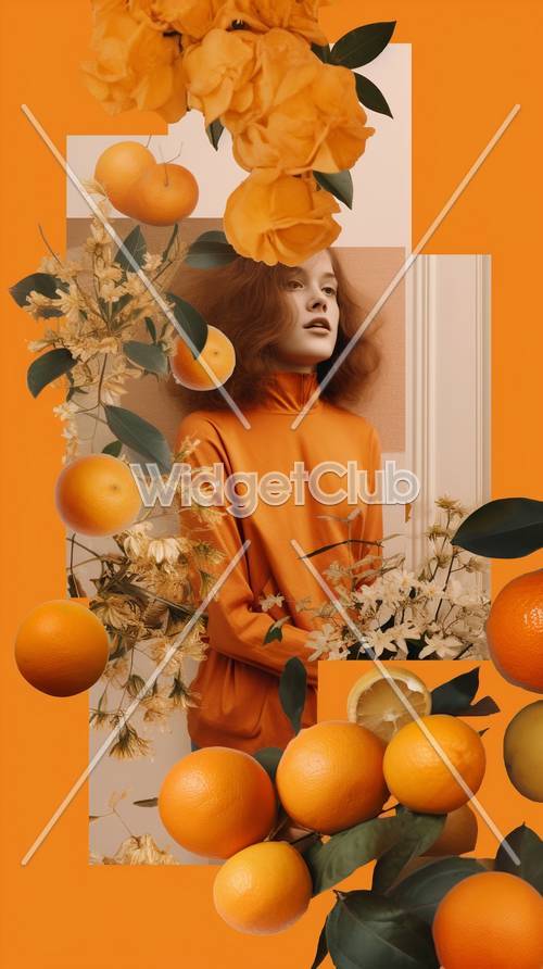 オレンジ色の夢の花と果物の壁紙
