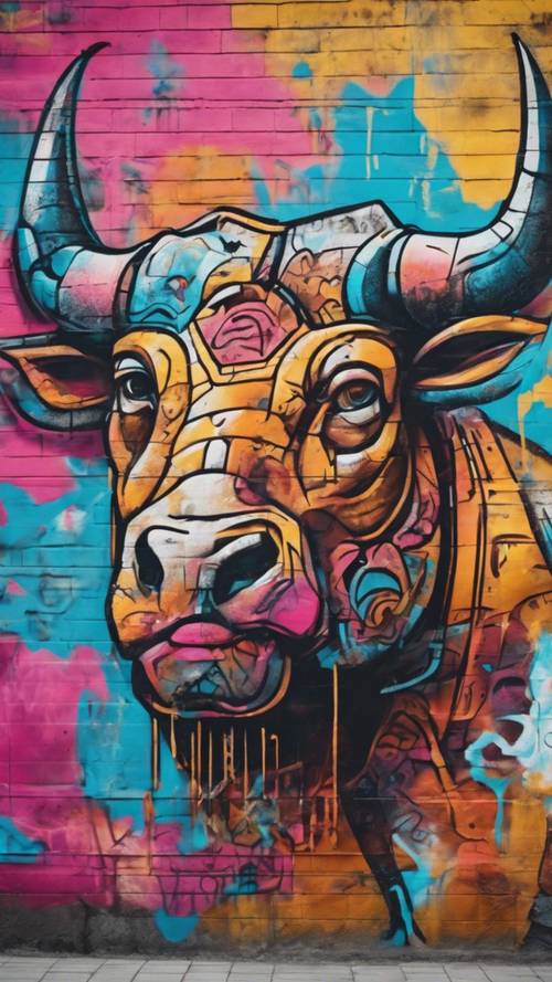 Graffiti dai colori vivaci del segno zodiacale Toro su un grande muro di cemento nel centro della città durante un pomeriggio ventilato.