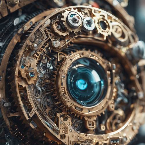 An intriguing steampunk style conceptual image of a cool-toned mechanical eye with intricate gears and circuits.