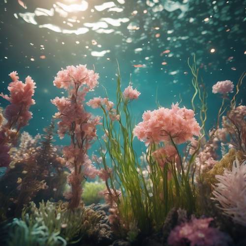 활기 넘치는 수생 식물이 벚꽃처럼 디자인된 붉게 물든 산호초와 함께 춤추는 수중 봄 초원 풍경입니다.
