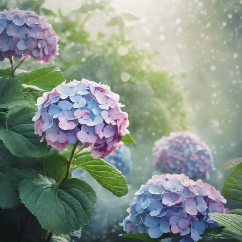 Japanese-style watercolour painting of a hydrangea bush under the morning mist.