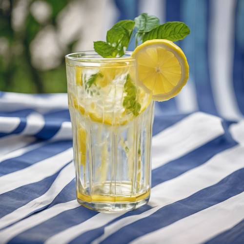 Um copo alto de limonada amarela refrescante sobre uma toalha de mesa listrada de azul e branco, com vegetação desfocada no fundo.