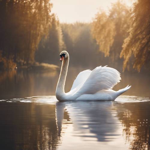 Элегантный белый лебедь плывет по спокойному озеру.