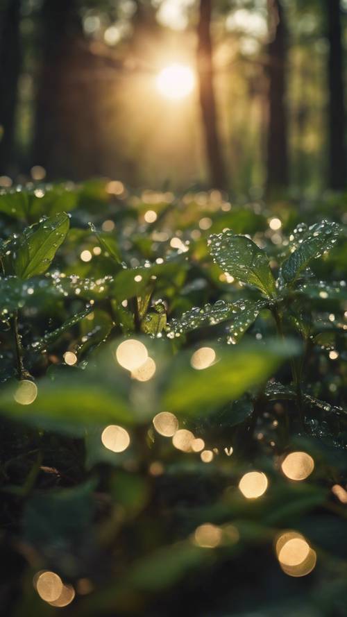 A morning sunrise over a tranquil forest with dew drops on leaves.