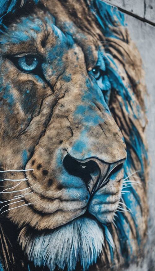 Grafiti artistik wajah singa dalam berbagai corak biru di dinding beton