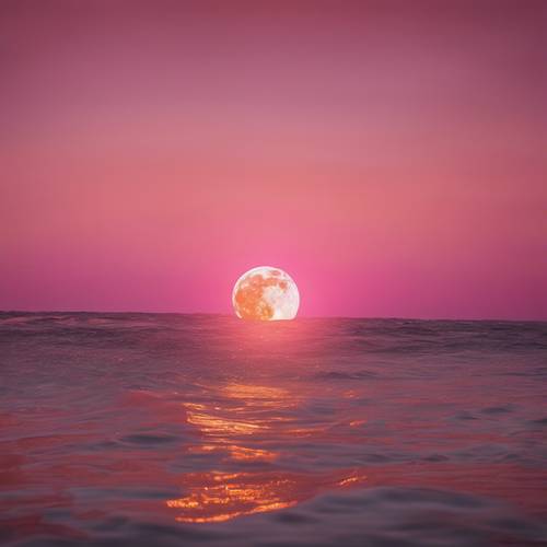 주황색 바다 위로 빛나는 빛을 발하는 분홍색 달의 초현실적인 장면.