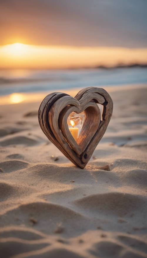 Un pacifico oggetto a forma di cuore in stile boho, realizzato in legno rustico, adagiato su una spiaggia tranquilla e serena durante il tramonto.