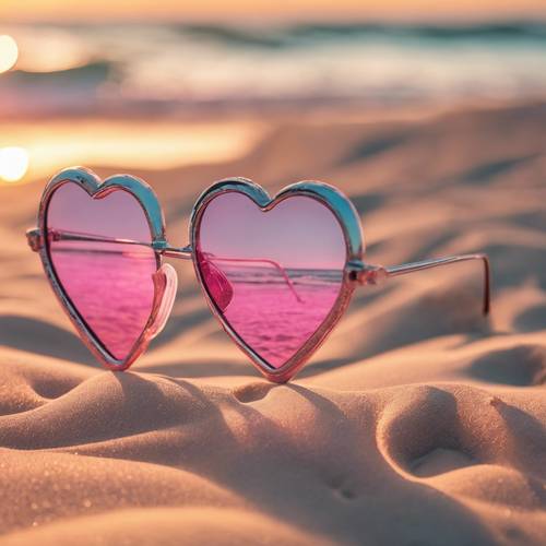 Lunettes roses en forme de coeur reflétant le coucher de soleil sur une plage de sable.