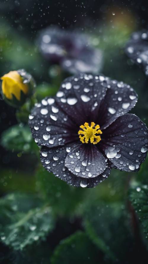 Makro zdjęcie czarnego pierwiosnka pokrytego delikatnymi kroplami deszczu.
