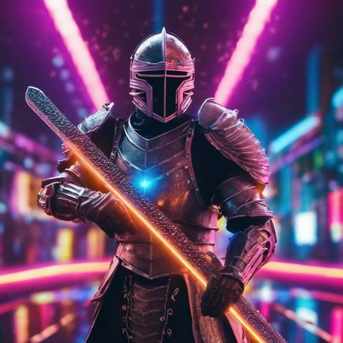 Un caballero con armadura al estilo cibernético Y2K que sostiene una espada digital brillante contra un fondo iluminado con luces de neón.
