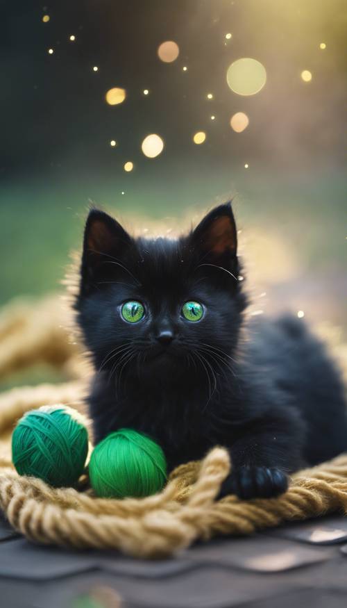 Un gatito negro kawaii con ojos verdes brillantes jugando con una bola de hilo.