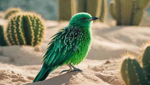 Desert bird with a bright jade-green plumage, hiding in the shadow of a cactus to escape the midday heat.
