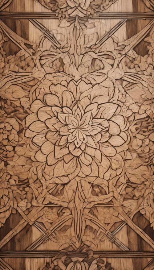 Ein kompliziertes geometrisches Blumenmuster, das in den Hartholzboden eines eleganten Ballsaals eingraviert ist.