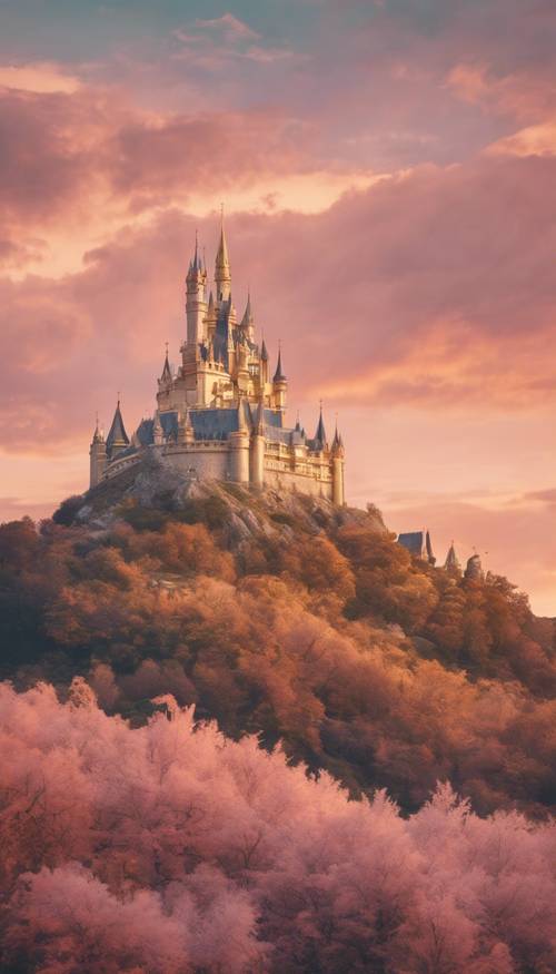 Ein magisches goldenes Schloss auf einem Hügel unter einem pastellfarbenen Sonnenuntergangshimmel
