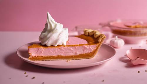 Una fetta di torta di zucca rosa servita con panna montata rosa.