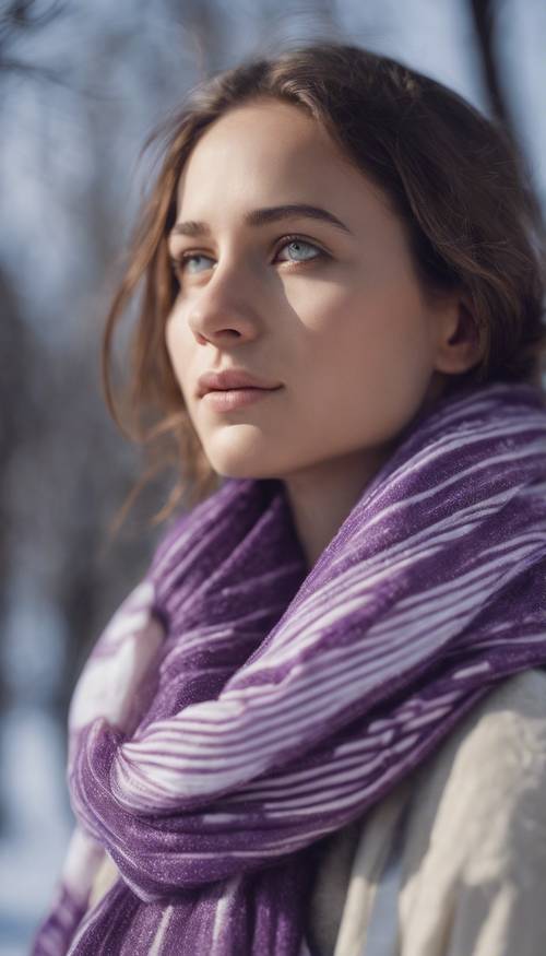 트렌디한 보라색과 흰색 줄무늬 스카프를 두른 젊은 여성. 겨울 공기에 숨결이 보입니다.