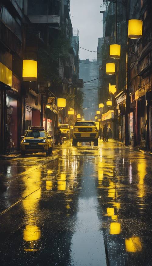 Une scène de rue animée éclairée par des lumières jaunes néon se reflétant sur les rues mouillées après une pluie.