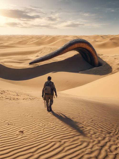 Un jinete de gusanos guía hábilmente a un gusano de arena gigante a través de las arenas movedizas del desierto de Dune.