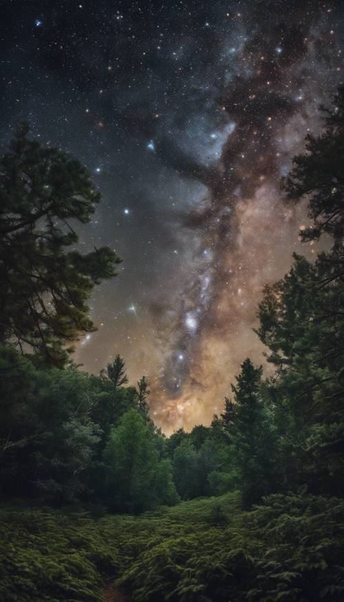 Piękny obraz przedstawiający galaktykę Andromedy na nocnym niebie nad gęstym lasem.