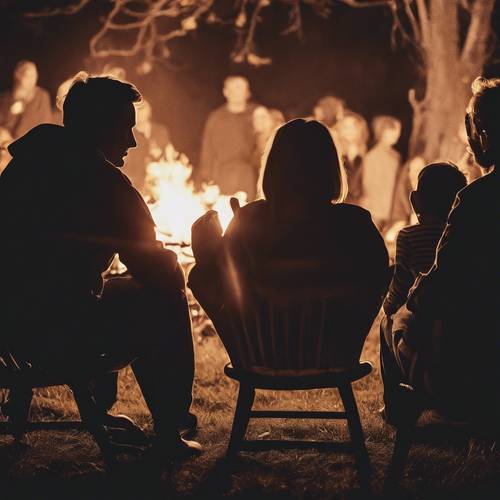 Silhouetten von Familienmitgliedern, die sich nach dem Abendessen am Thanksgiving-Lagerfeuer unterhalten.