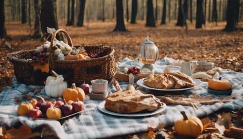 Picknickszene im Wald mit einem zauberhaften Thanksgiving-Buffet und warmen, handgemachten Steppdecken für den Komfort.