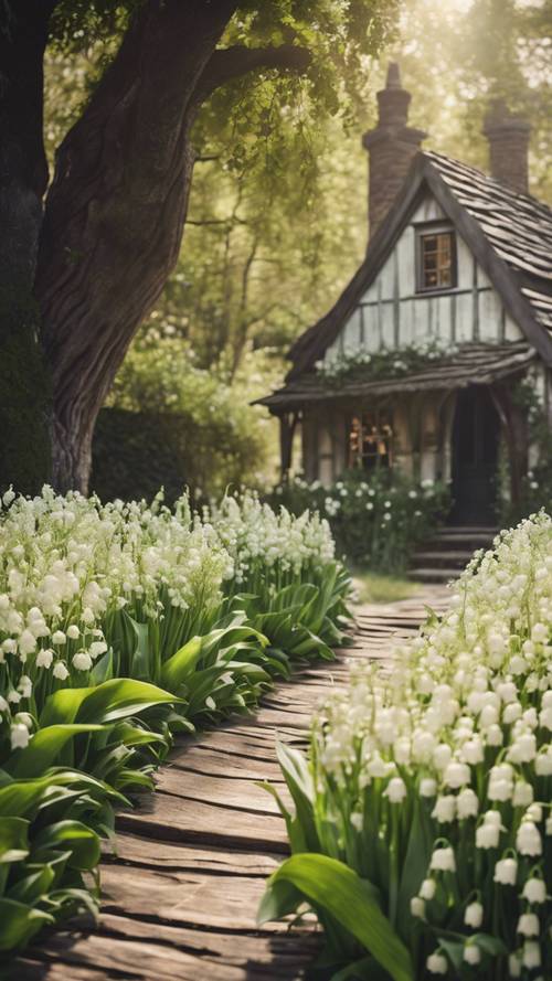 Una scena da sogno mattutina di un sentiero fiancheggiato da fiori di mughetto che conduce a un cottage rustico.