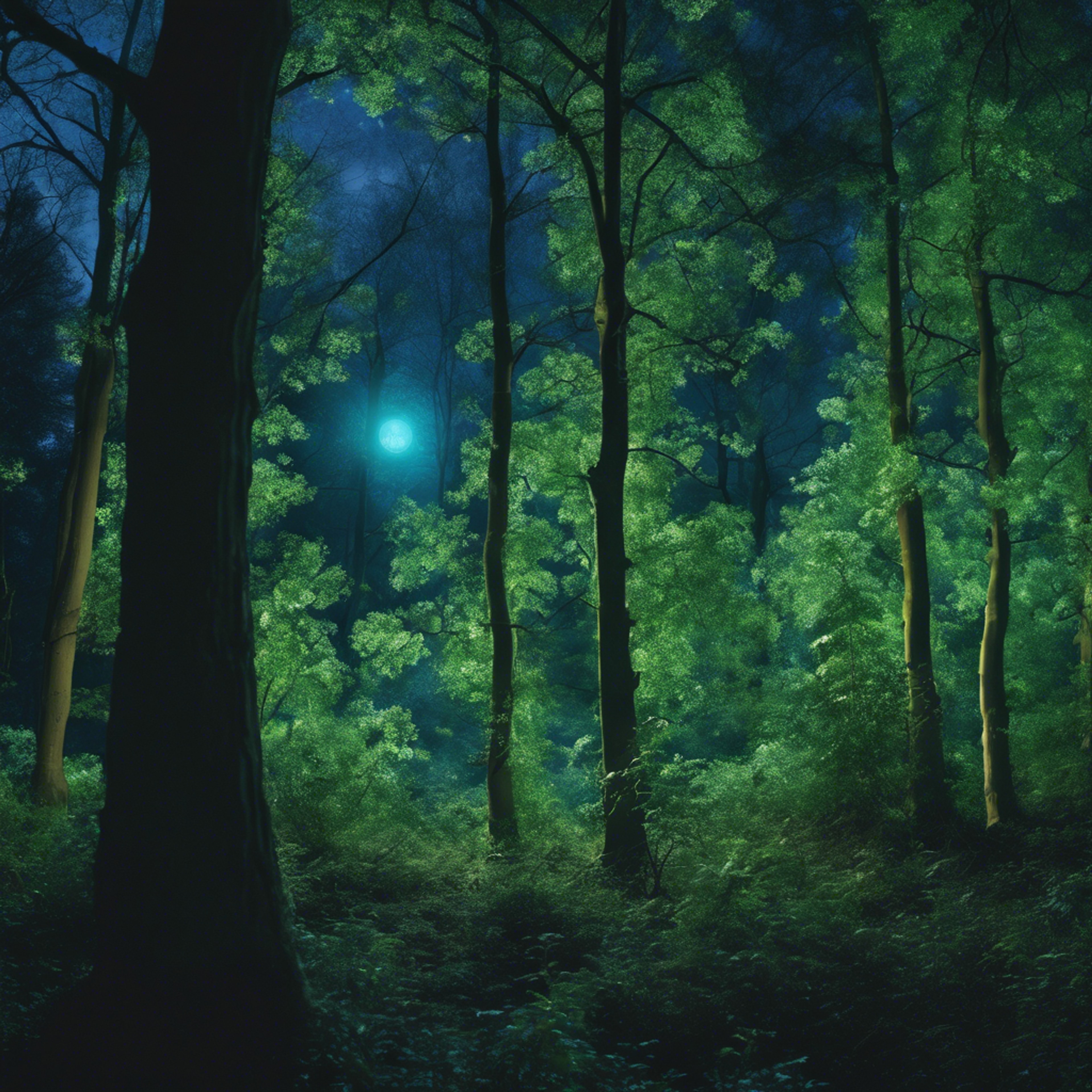 A mysterious green forest illuminated by the light of a full, bright blue moon. Tapeta[93934147fb2e44e3af4b]