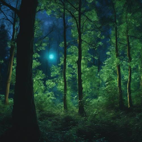 Uma misteriosa floresta verde iluminada pela luz de uma lua azul cheia e brilhante.