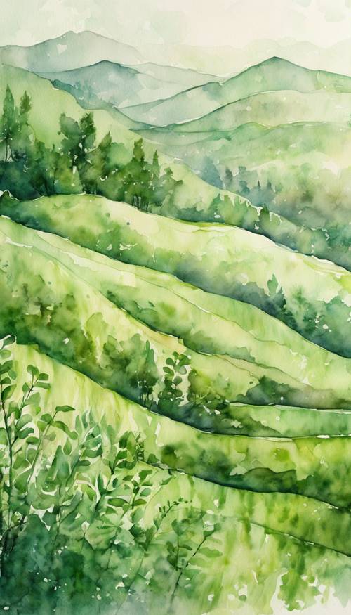 Lukisan cat air hijau pakis halus di perbukitan yang tenang.