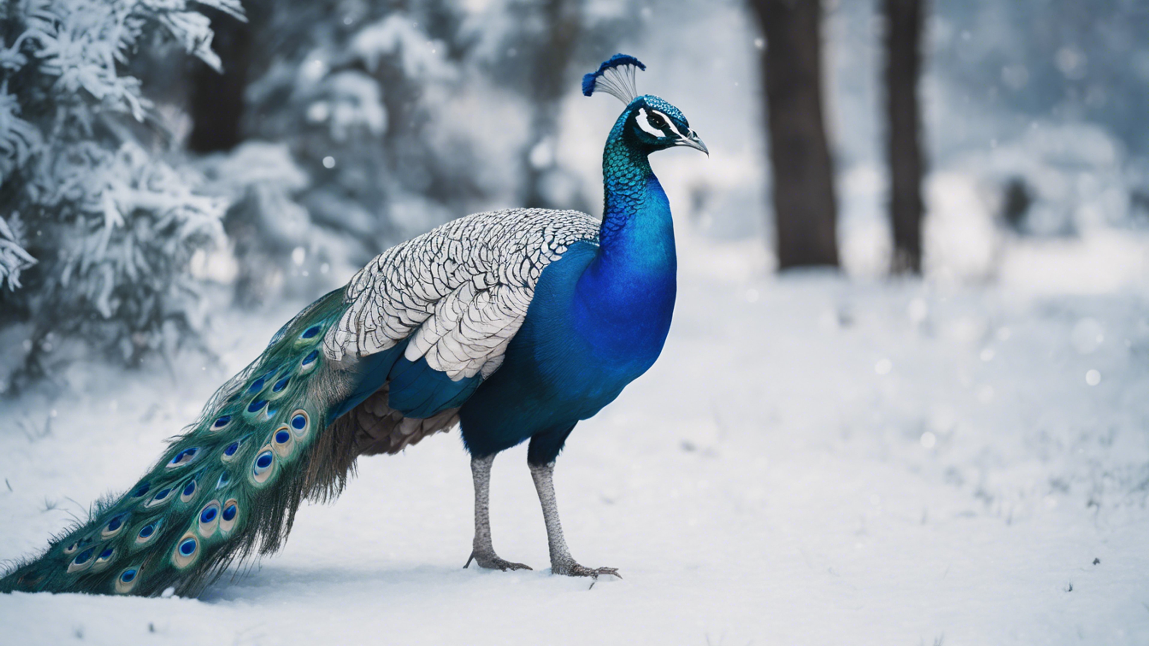 An azure blue peacock with a stunning white crest roaming in a winter wonderland. Wallpaper[75d8e926bbf547baa433]