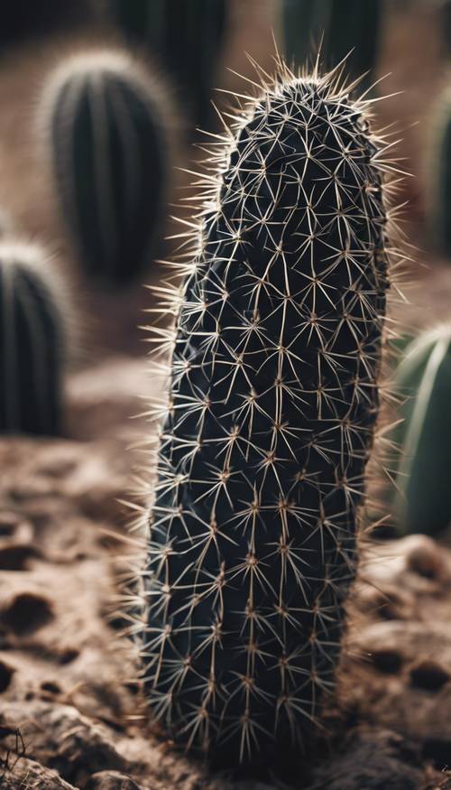 Un macro primo piano di un singolare cactus nero che mostra i suoi dettagli spinosi.