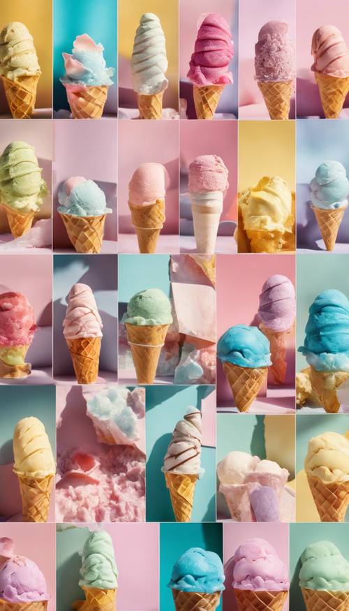 Un collage de mosaicos que muestra una variedad de helados de colores pastel diferentes en un caluroso día de verano.