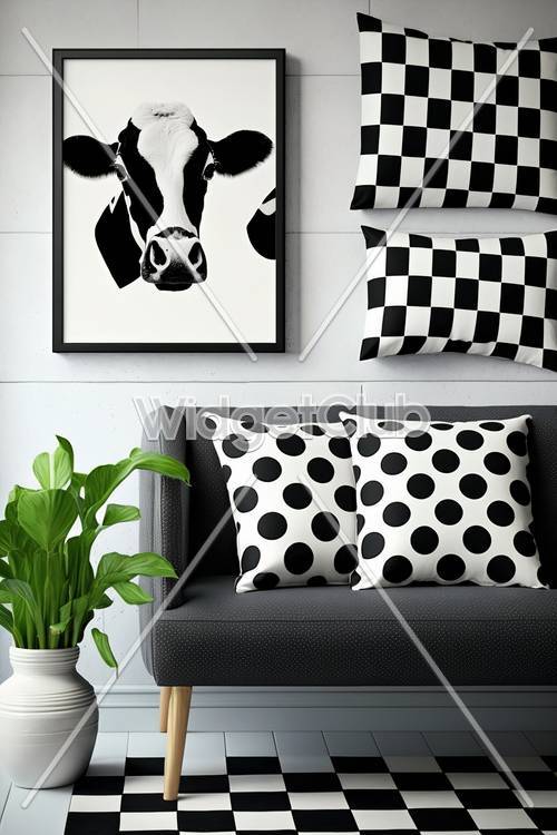 モダンリビングルームにある白黒模様の牛のアート
