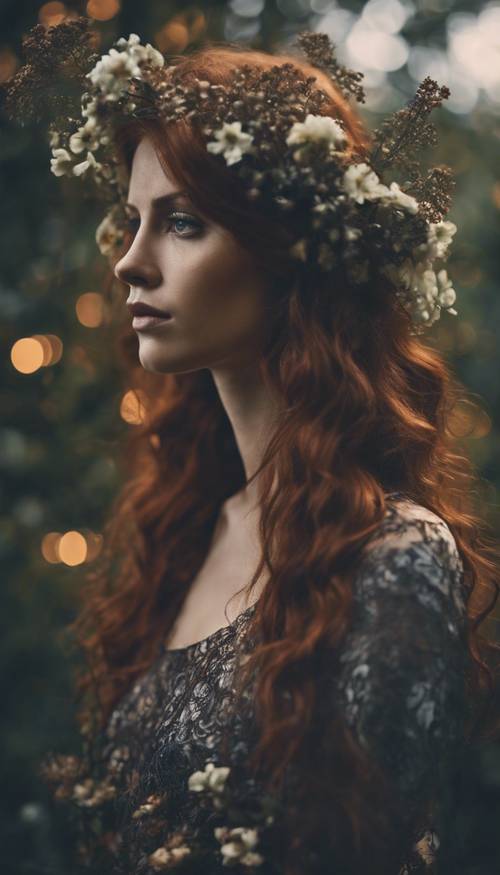 A dark, moody portrait of a mysterious woman with flowers woven into her rich, auburn hair.