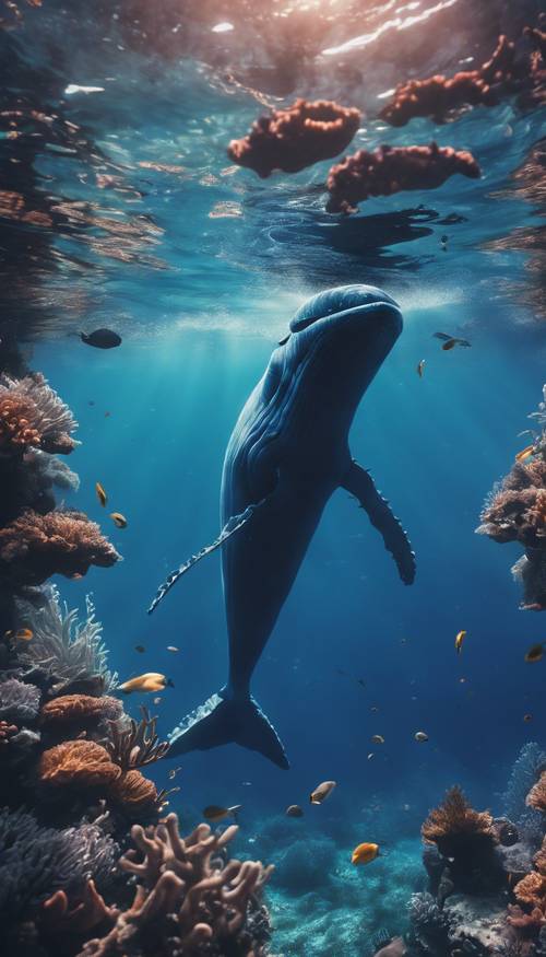 סצנה תת-ימית של לוויתן כחול גיאומטרי השוחה בין שוניות אלמוגים שופעות חיים ימיים.