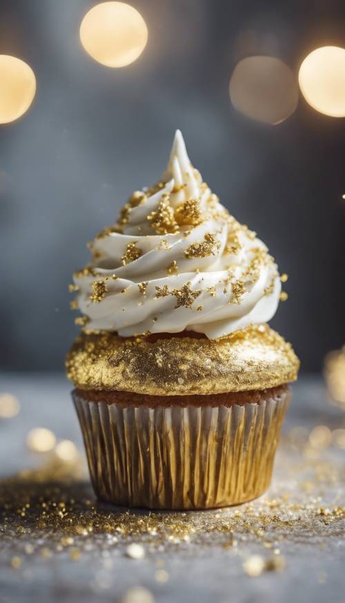 Cupcakes ricoperti di glassa di crema bianca, cosparsi di polvere dorata.