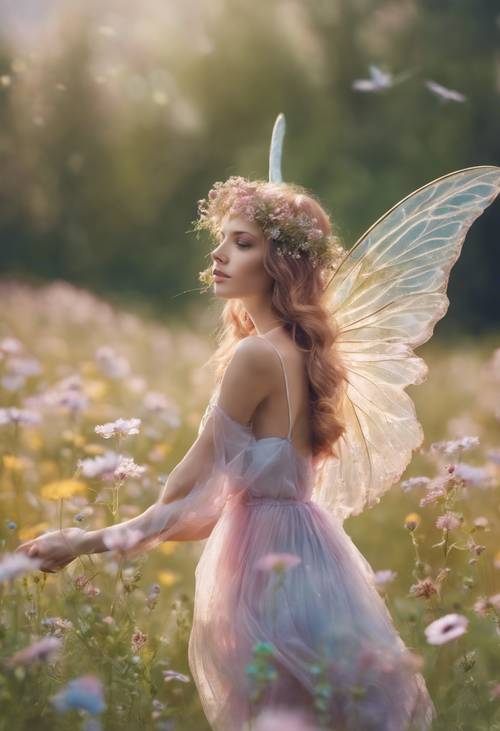 A beautiful fairy with pastel colored wings, hovering over a blooming meadow.