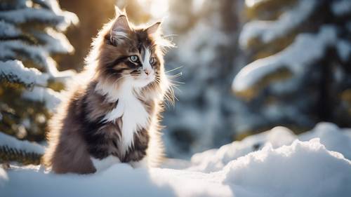 A fluffy Norwegian Forest Cat kitten exploring a snow-covered pine forest bathed in winter sunlight.