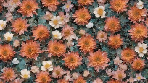 Sürekli tekrarlanan bir desende çarpıcı çiçek görüntülerinden oluşan bir mozaik.