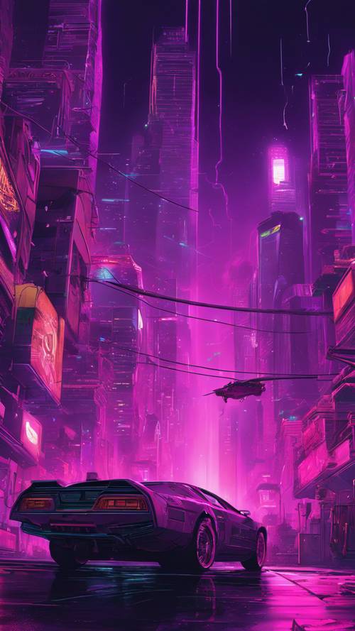 Nocny pejzaż miejski w stylu cyberpunkowym, bogaty w odcienie fioletu i różu, z latającymi samochodami nad głowami.