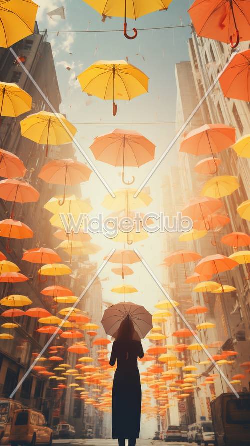 街の上にカラフルな傘が飾られた壁紙