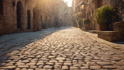 Una escena relajante de un antiguo patio de la ciudad al amanecer, con la cita &#39;La paz no es simplemente una meta distante que buscamos, sino un medio por el cual llegamos a esa meta&#39; escrita en el camino adoquinado.