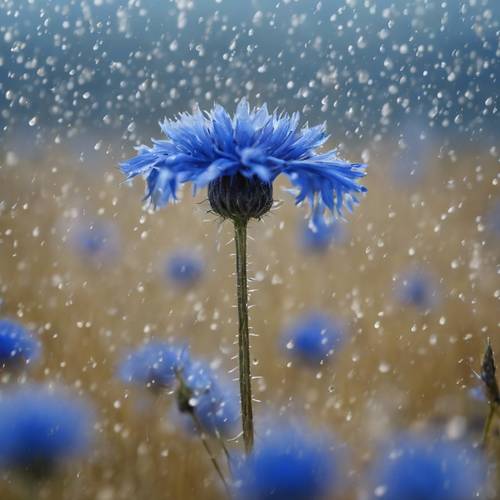 Yoğun yağış altında parıldayan geniş, peygamber çiçeği mavisi bir ova.